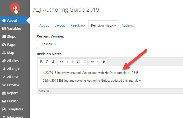 Revision History Example with HotDocs template reference